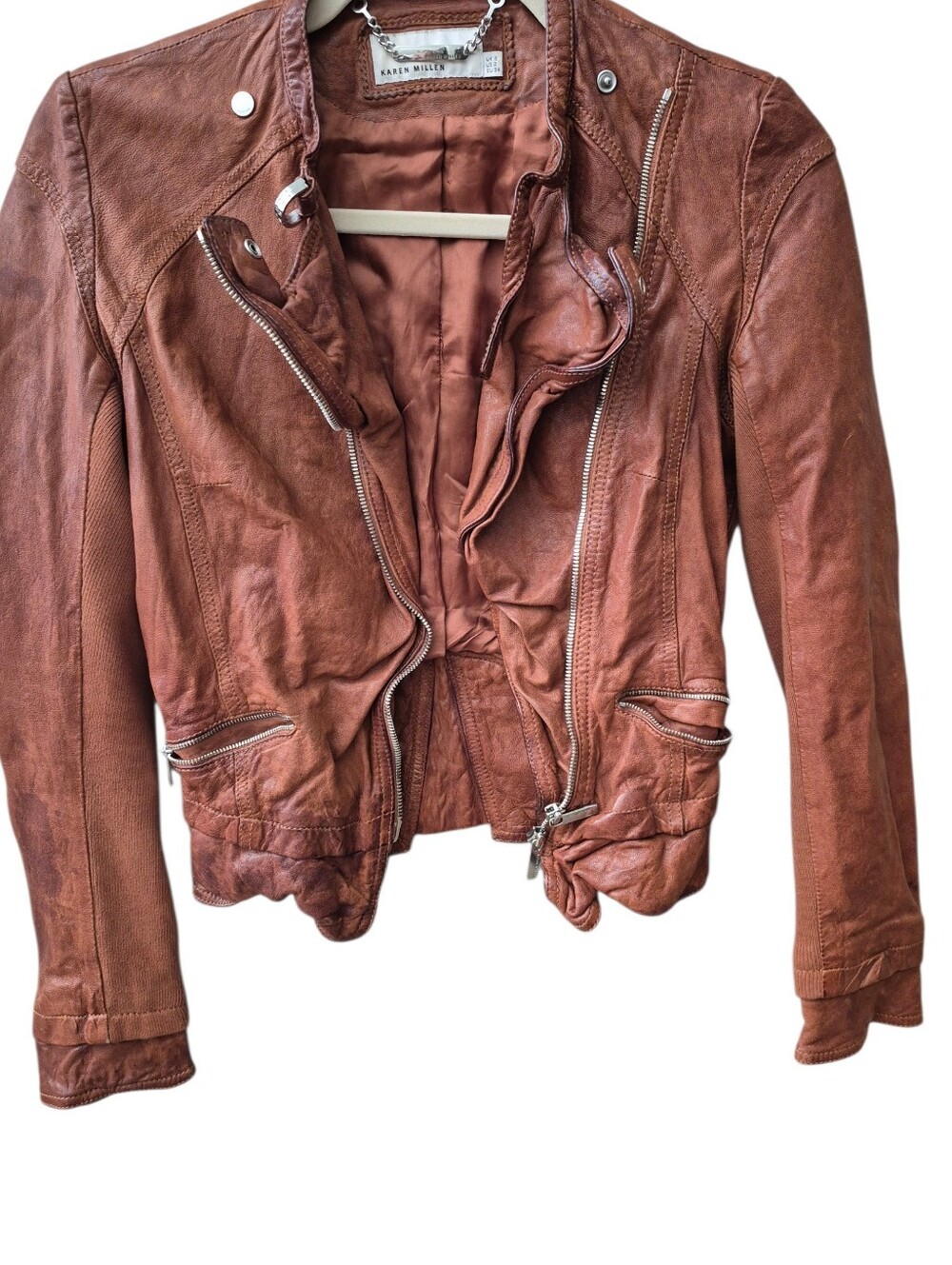 💕Karen Millen Rust Brown Leather Moto Jacket Sz XS💕